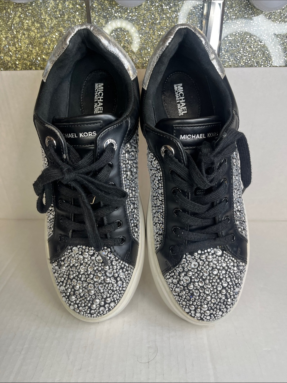 Michael Kors Black and Silver Crystal-Embellished Platform Sneakers - Picture 8 of 13